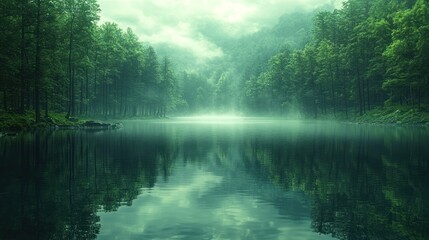 Serene Lake in Misty Green Forest: A Tranquil Reflection