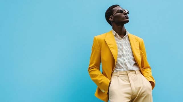 stylish man in bright yellow blazer and beige trousers against vibrant blue background. fashion and elegance concept. contemporary style and trend. fashion magazine cover, blog header with copy space.