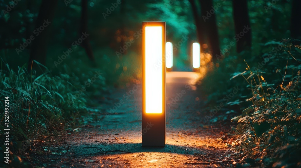 Poster illuminated pathway in a serene forest during twilight hours