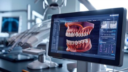 A state of the art display illustrates precise 3D renderings of teeth and jaws, highlighting advanced dental technology in a contemporary clinic full of dental equipment.