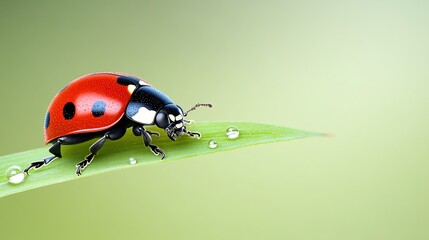 Fototapeta premium Ladybug crawling on grass blade, dew drops, green background, nature design