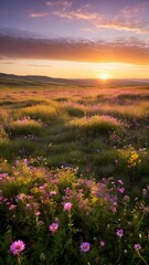 Fototapeta premium A field of wildflowers with the sun setting in the distance.
