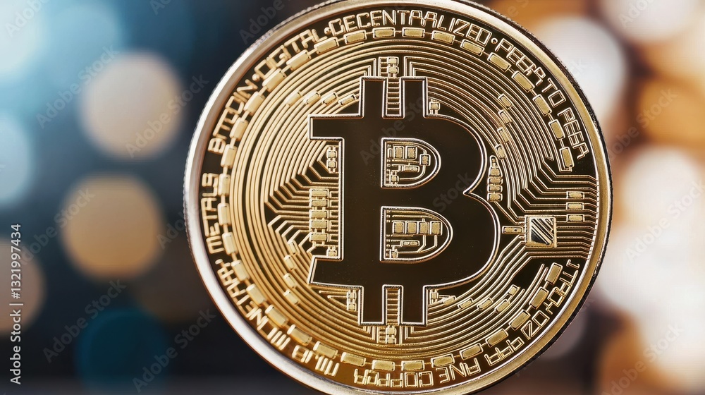 Poster gold bitcoin cryptocurrency coin close up macro shot with bokeh lights