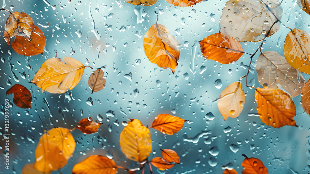 Poster a window with raindrops on it and leaves on the window