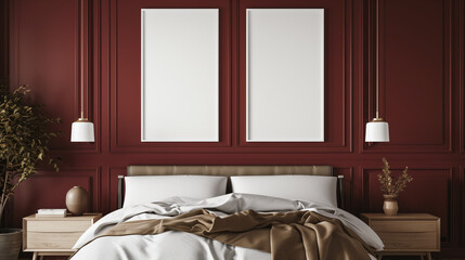Mockup of two empty frames, modern design, mockup to advertise pictures, bedroom	