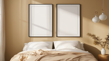 Mockup of two empty frames, modern design, mockup to advertise pictures, bedroom	