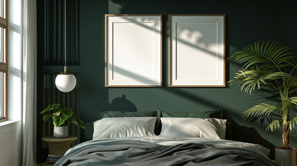 Mockup of two empty frames, modern design, mockup to advertise pictures, bedroom	