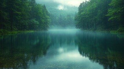 Serene Misty Lake Enveloped by Lush Green Forest
