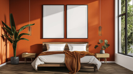 Mockup of two empty frames, modern design, mockup to advertise pictures, bedroom	