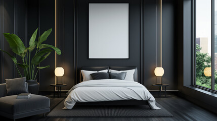 Mockup of empty frames, modern design, mockup to advertise pictures, bedroom	