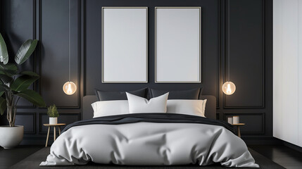 Mockup of two empty frames, modern design, mockup to advertise pictures, bedroom	