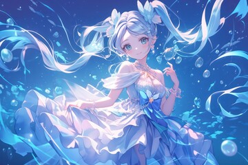 An Elegant Anime Girl Dressed In A Gorgeous Blue Gown