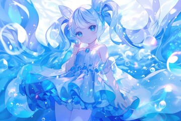 A young girl with water flowing around her