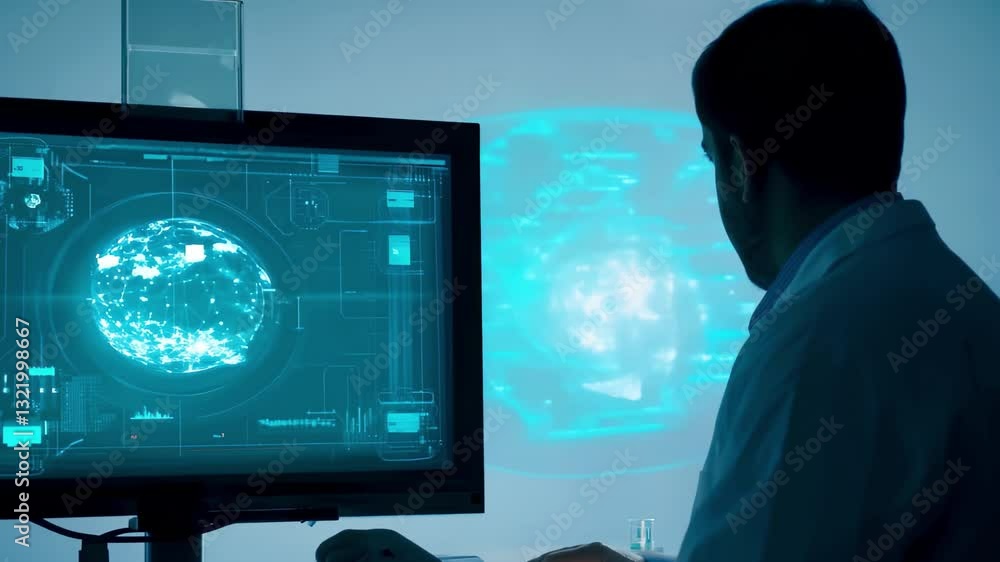 Poster male scientist analyzing digital diagram on high-tech computer in laboratory setting. concept of sci