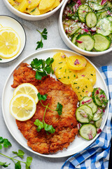 Traditional Viennese schnitzel on a plate with cucumber and potato salad.selective focus