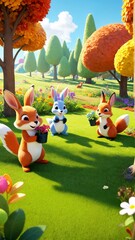 Fototapeta premium A group of cartoon animals standing on top of a lush green field.