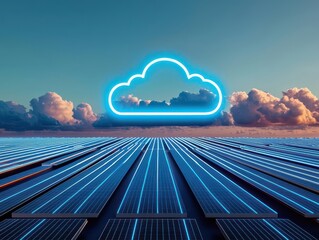 Floating cloud outline above a solar farm, clean energy harmony concept