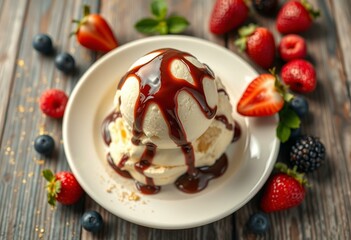 A sweet and indulgent treat on a rustic wooden surface, with vibrant colors and textures.