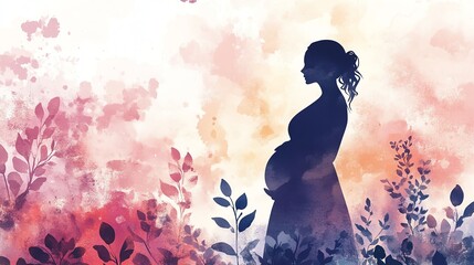 Obraz premium A silhouette of a pregnant woman surrounded by colorful flowers and a dreamy background, symbolizing motherhood and nature.