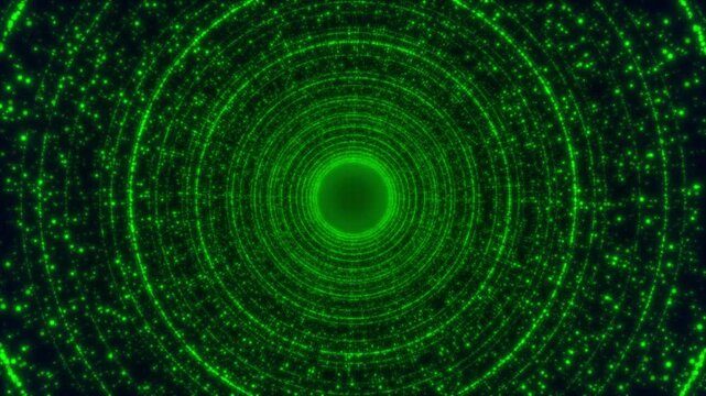 An abstract glowing tunnel consisting of many glowing green concentric circles. The concentric circles consist of a multitude of luminous dots.