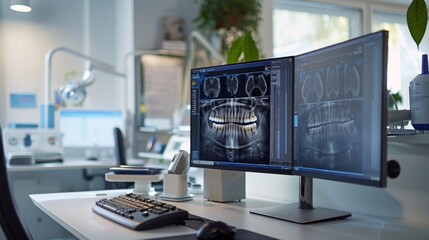 Fototapeta premium A dental clinic features two monitors displaying detailed dental x rays, showcasing advanced imaging technology. The workspace is bright and well organized, promoting a professional atmosphere.