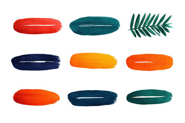 Obraz premium Vibrant paint strokes in various colors with green leaf accent create lively and artistic composition. This showcases creativity and color diversity, perfect for design projects