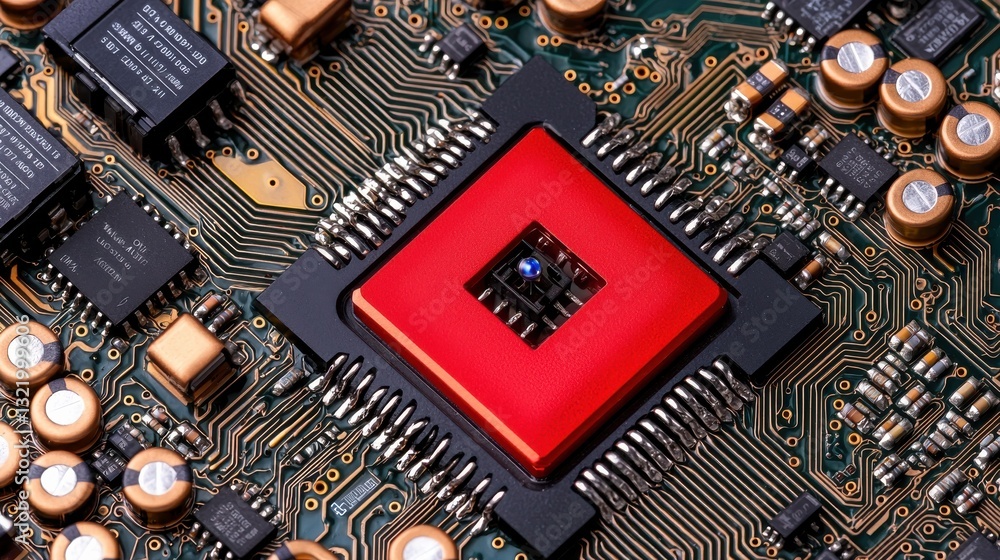 Poster red square microchip on circuit board close up