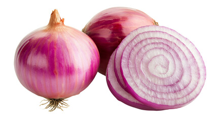 Fresh red onions showing slices on transparent background