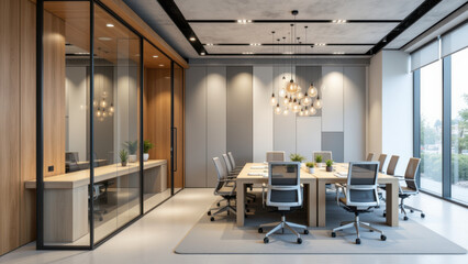 A modern office room with a long table surrounded by chairs and featuring stylish glass walls and acoustic panels on the ceiling for enhanced sound absorption.