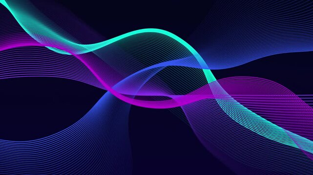 Abstract animation consisting of many thin lines from dark blue and purple to pink and turquoise, which curve and intersect on a dark background.