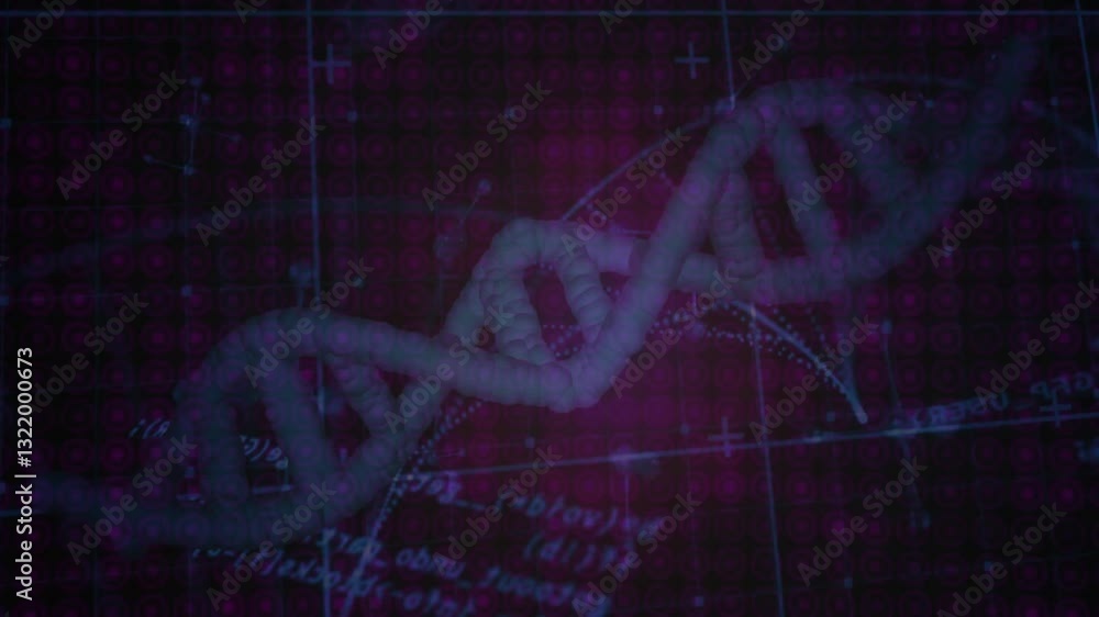 Poster animation of dna strand with mathematical equations on digital grid background