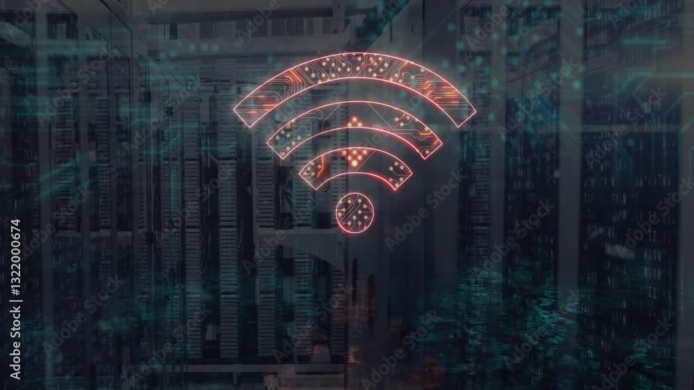 Poster glowing wi-fi symbol over server racks in data center animation environment