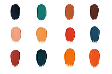 Color palette featuring various paint swatches in different shades and tones. arrangement includes vibrant and muted colors, showcasing range of hues suitable for artistic projects