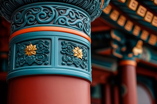 Traditional chinese pillar showing intricate carvings and vibrant colors
