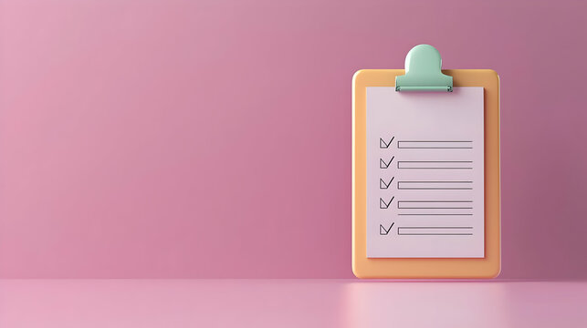 3D Rendered Clipboard With Checklist on Pink Background Simple Clean Design for Productivity and Task Management Concepts