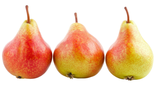 Three ripe pears isolated on transparent background showing freshness