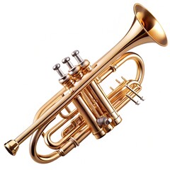 Obraz premium High-quality stock photo of a golden trumpet isolated on a transparent background. showing intricate details and craftsmanship of the musical instrument.