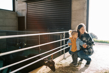 Smiling mother squatting near little girl at farm next to goat paddock