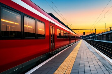 Obraz premium Modern red train waiting at empty platform during sunset
