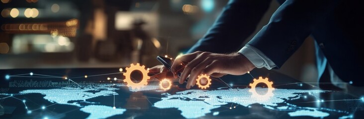 Businessman touching digital gears icon on a virtual screen with a world map and global network connection