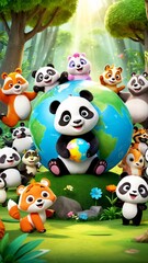 Fototapeta premium A group of panda bears standing around a globe in a forest.