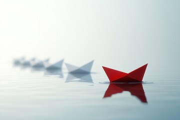 Red paper boat leads the way, breaking free from a group of white boats on a serene lake