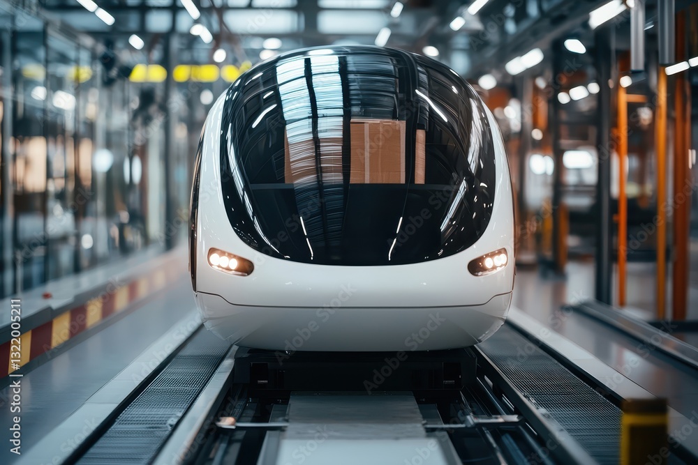Poster modern automated train design in high-tech warehouse setting