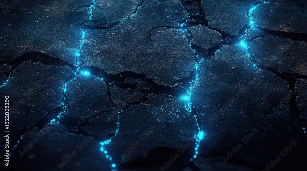 Aufkleber visions of a shattered reality where blue glowing circuits emerge from the depths of a broken concre