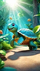 Fototapeta premium A turtle in the middle of a lush green jungle.