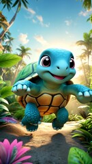 Naklejka premium A cartoon turtle in the middle of a lush green jungle.