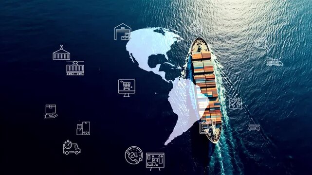 AI technology Futuristic Technology Autonomous. Global Logistics international delivery concept,  logistic and supply chain network distribution container Ship running for export import to customs