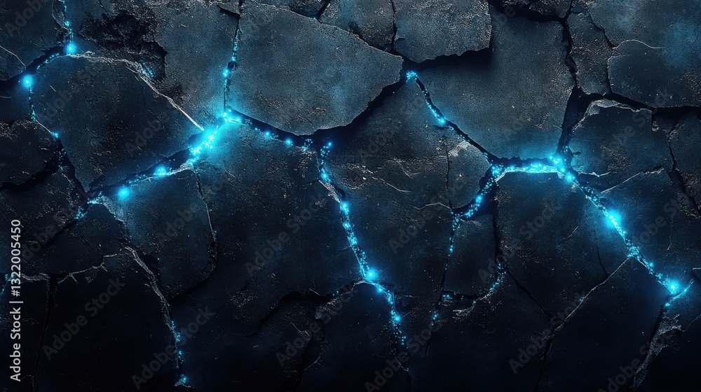 Poster visual exploration of a broken concrete wall adorned with blue glowing circuits illuminating the cra
