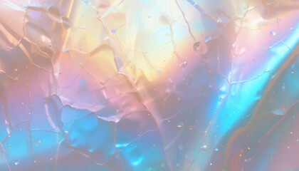 Opalescent holographic foil with pastel peach, blue, and pink hues resembling a pearl surface