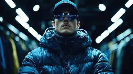 Stylish Man in Blue Puffer Jacket and Sunglasses